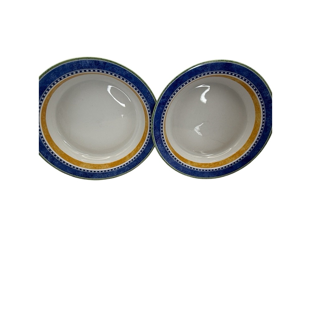 (2) Dansk Bistro Dinnerware Soup Bowls Blue Green Orange Rimmed Stoneware 8"